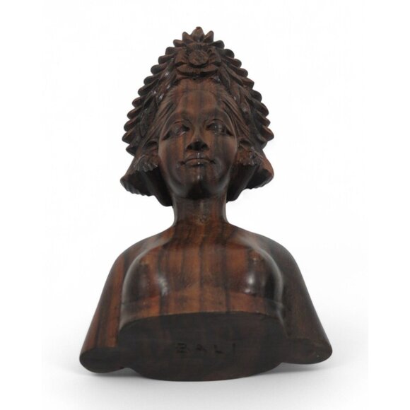 Female Wooden BUST Balinese Wooden With Floral Headdress from BALI 5" - Picture 2 of 10